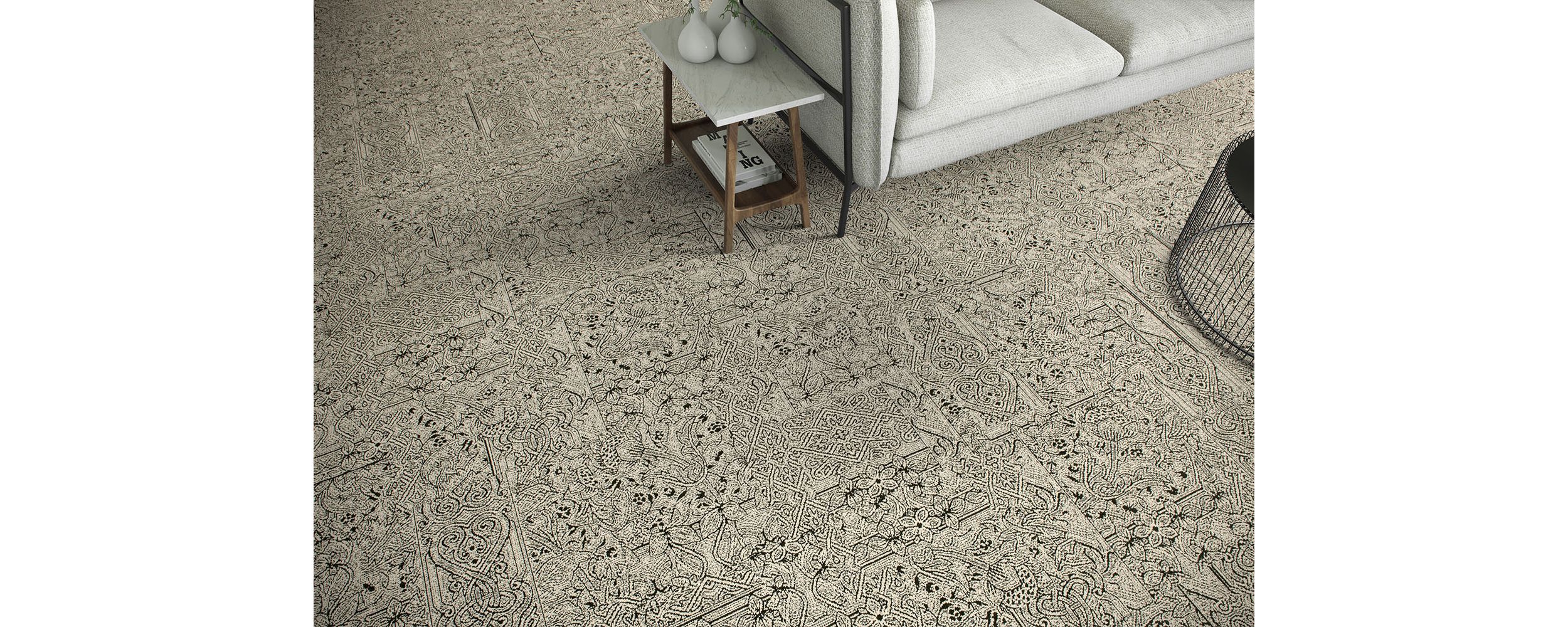 Detail of Interface DL924 carpet tile with couch and end table with vases image number 3